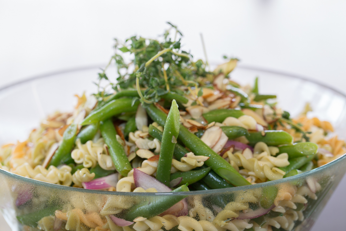 green bean pasta salad with lemon thyme and almond